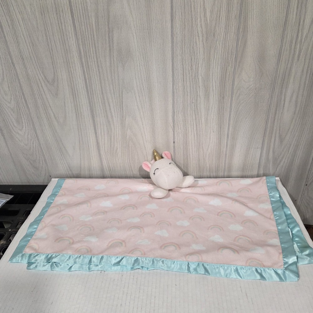 Just Born Unicorn Rainbow Pink baby Lovey Aqua Trim Back Security Blanket 25"